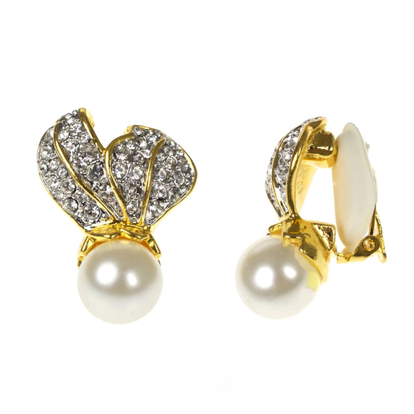 Crystal Leaf Top With Pearl Bottom Clip Earrings