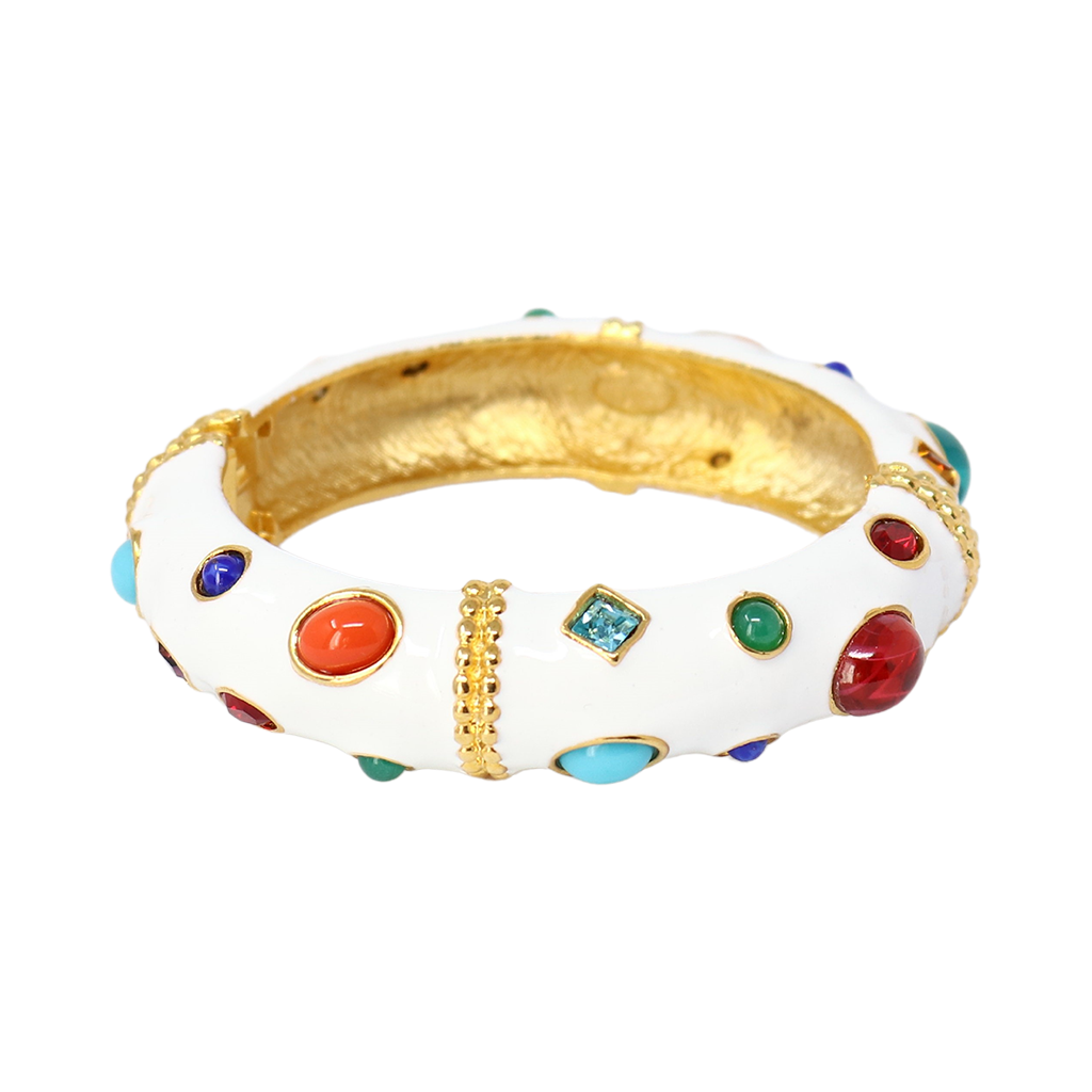 White Enamel/Multi Gemstone Bangle Bracelet