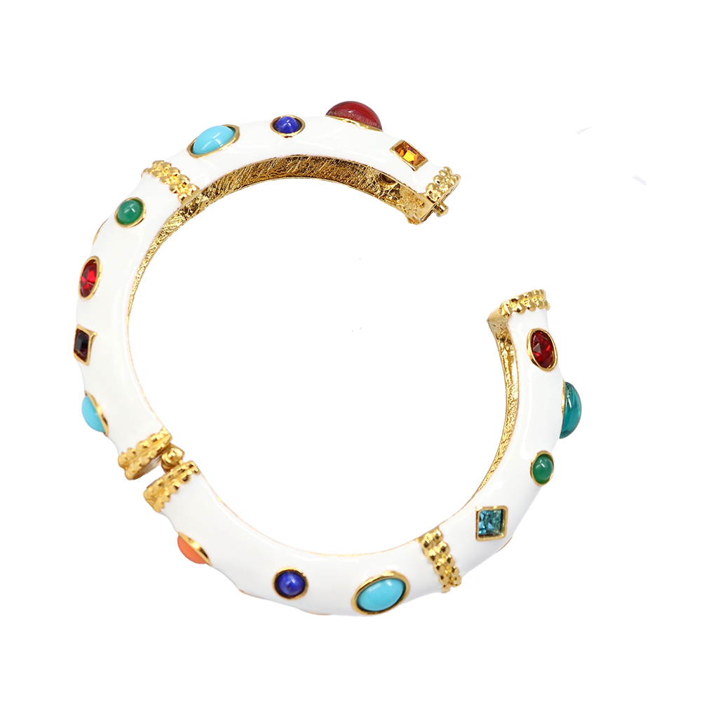 White Enamel/Multi Gemstone Bangle Bracelet