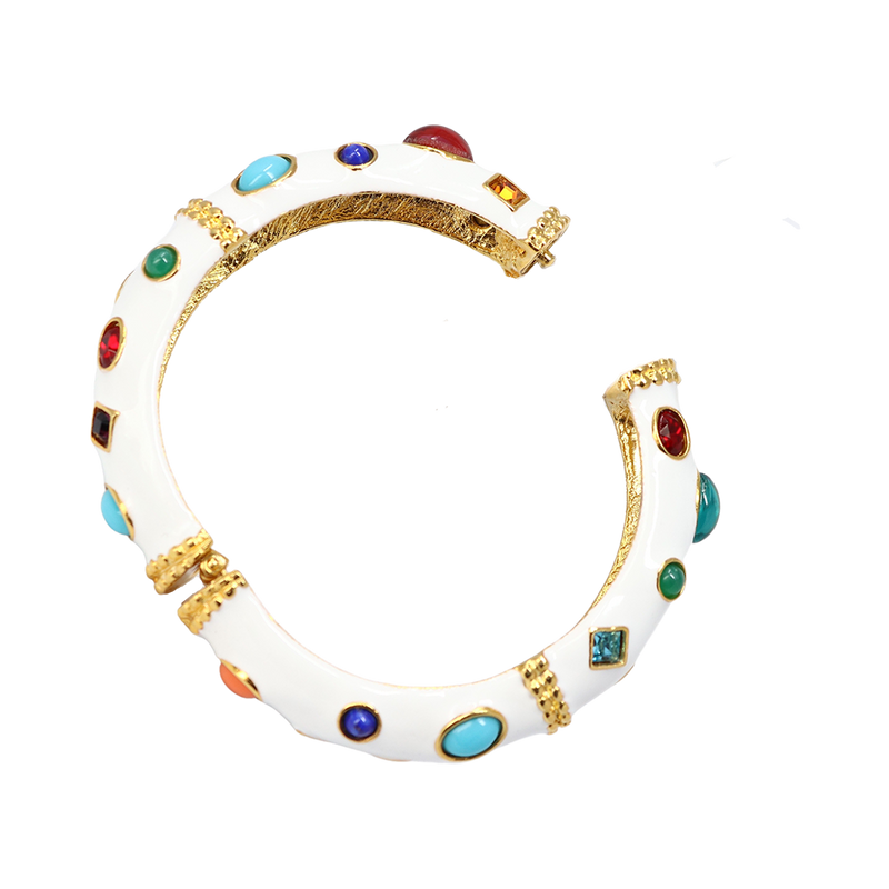 White Enamel/Multi Gemstone Bangle Bracelet