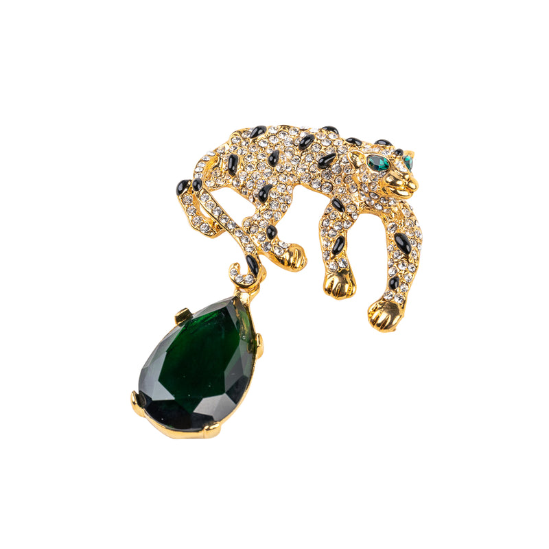 Gold and Crystal Leopard Pin with Emerald Eyes