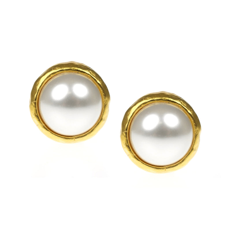 Hammered Gold & Pearl Clip Earrings