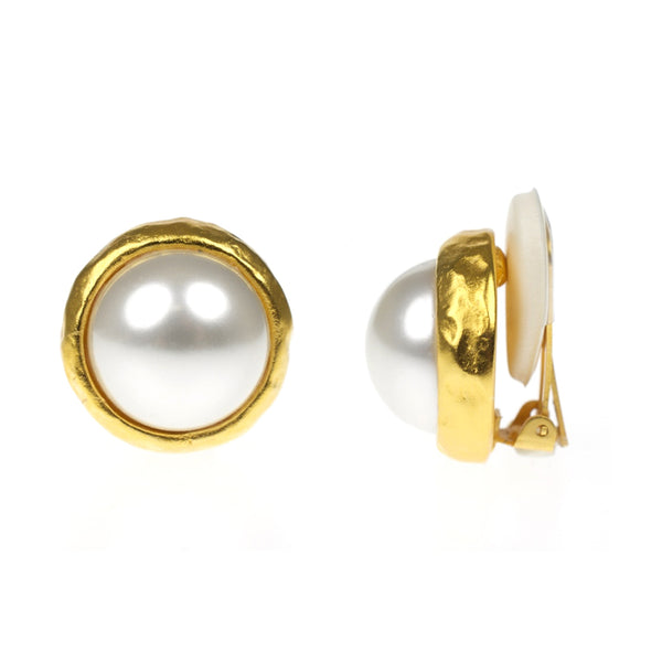 Hammered Gold & Pearl Clip Earrings