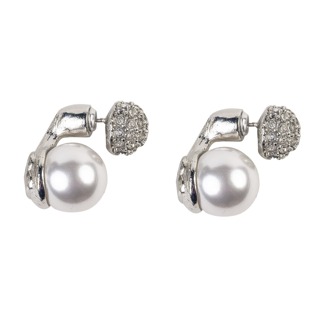 Rhodium and Rhinestone Pearl Pierced Earring