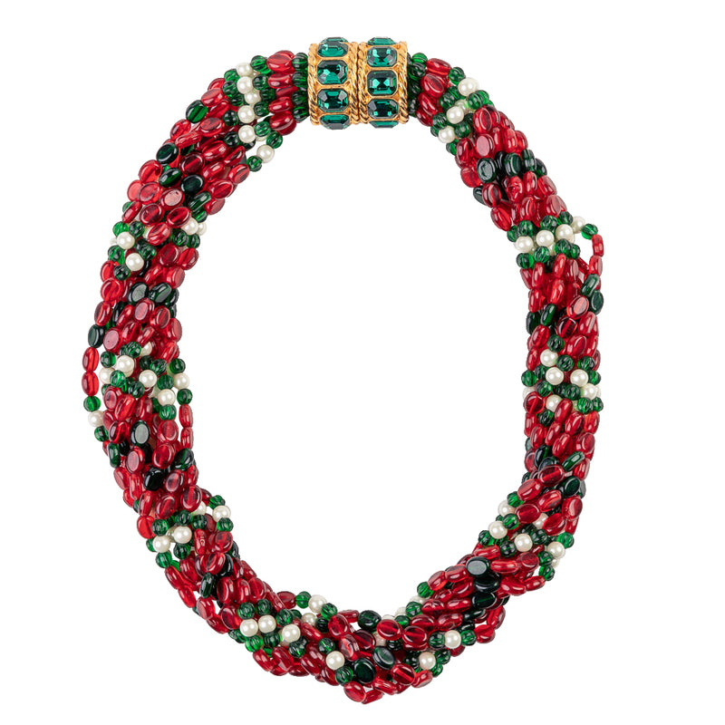 Gem and Pearl Beaded Necklace with Emerald Clasp