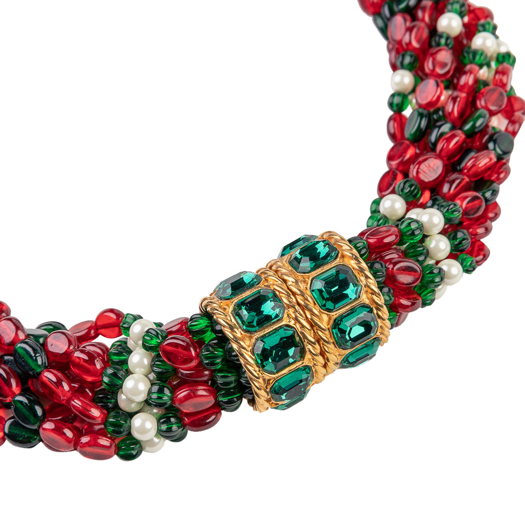 Gem and Pearl Beaded Necklace with Emerald Clasp