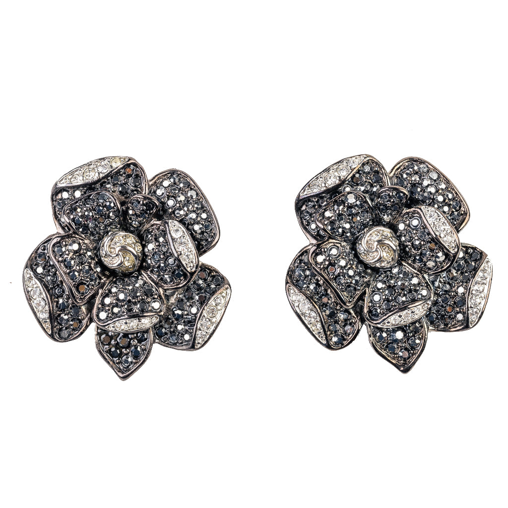 Rhinestone and Hematite Flower Clip Earring