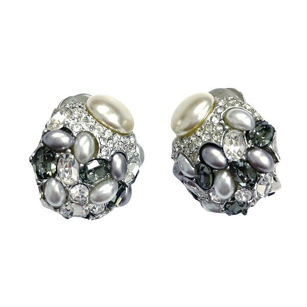 Black Diamond and Pearl Oval Clip Earring