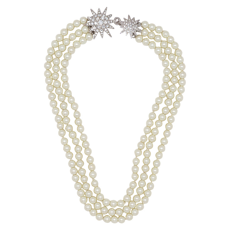 Three Row Pearl Necklace with Starburst Clasp