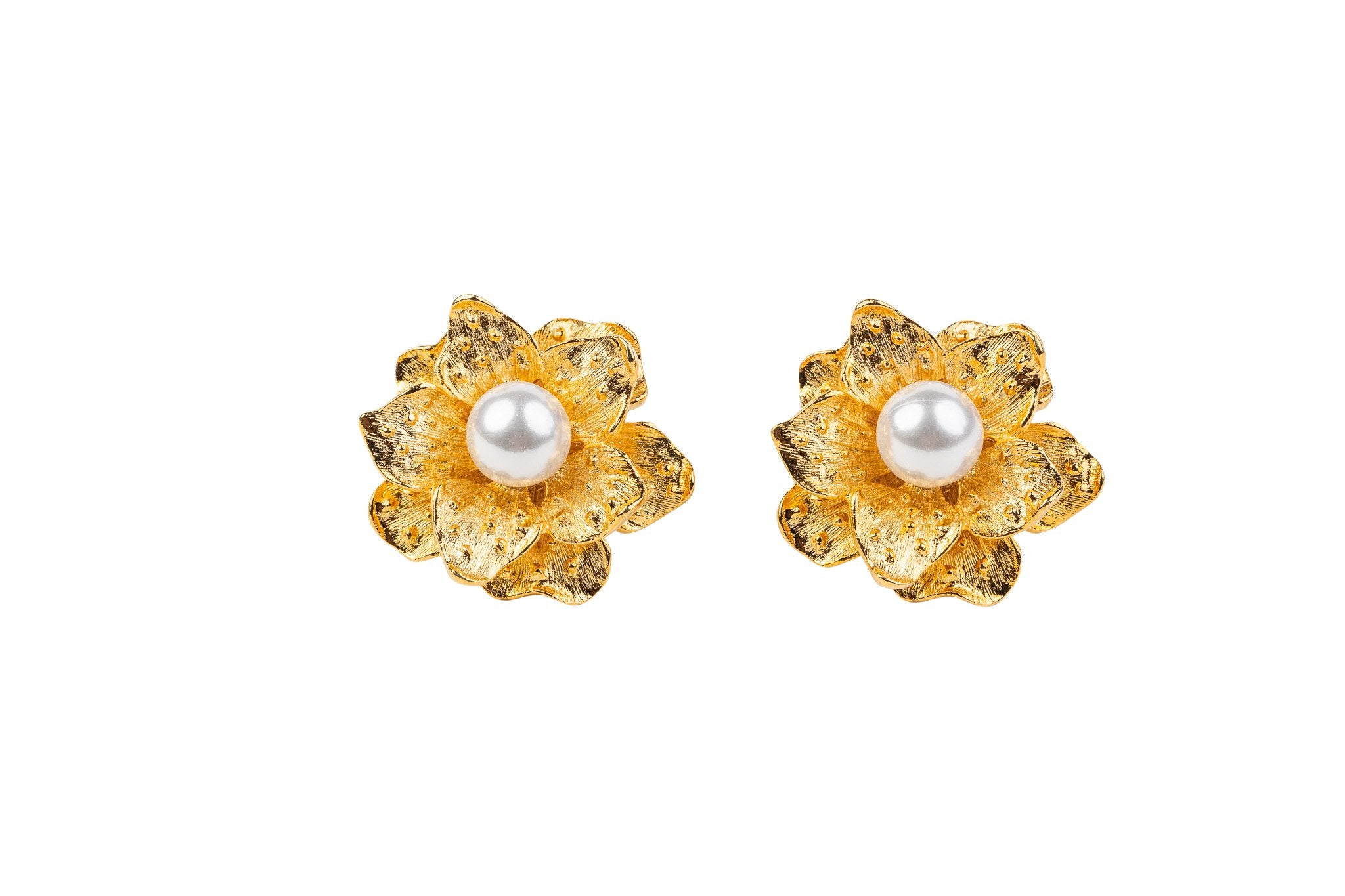 Satin Gold Flower with Pearl Clip Earring