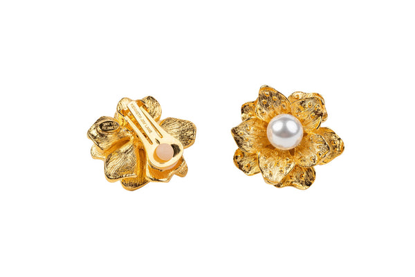 Satin Gold Flower with Pearl Clip Earring
