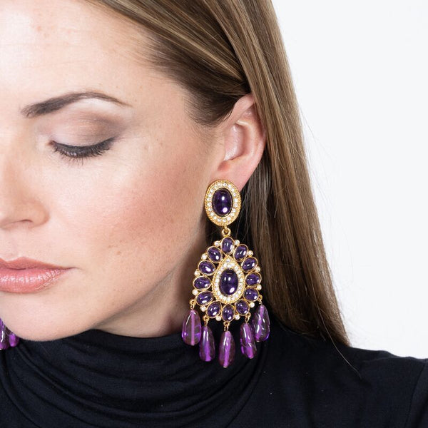 amethyst earrings gold earrings cabochon earrings drop earrings clip-on earrings purple earrings luxury earrings fashion earrings statement earrings