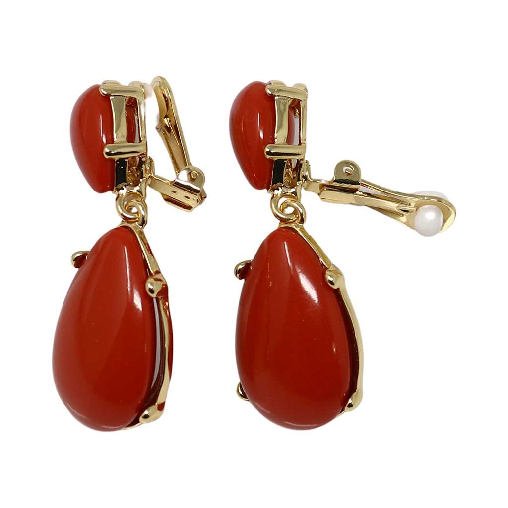 dark coral resin teardrop cabochon clip earring kenneth jay lane gold-plated dark coral resin teardrop shape clip-on closure statement earrings glamour earrings evening earrings gift for her women's jewelry