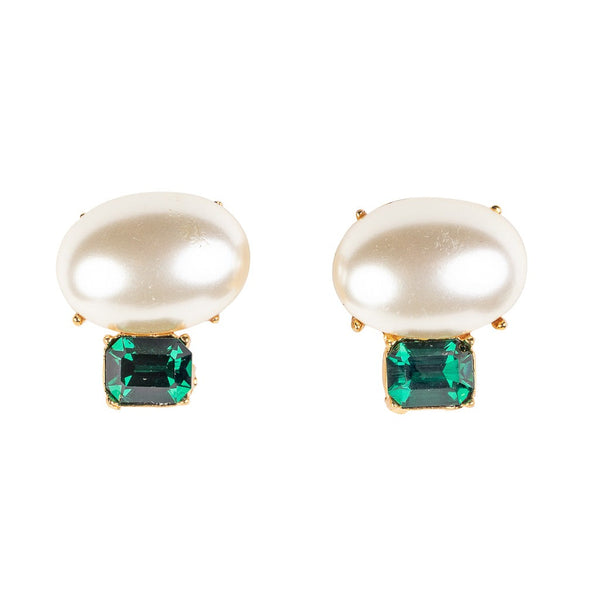 Gold and Emerald Stone with White Pearl Clip Earring