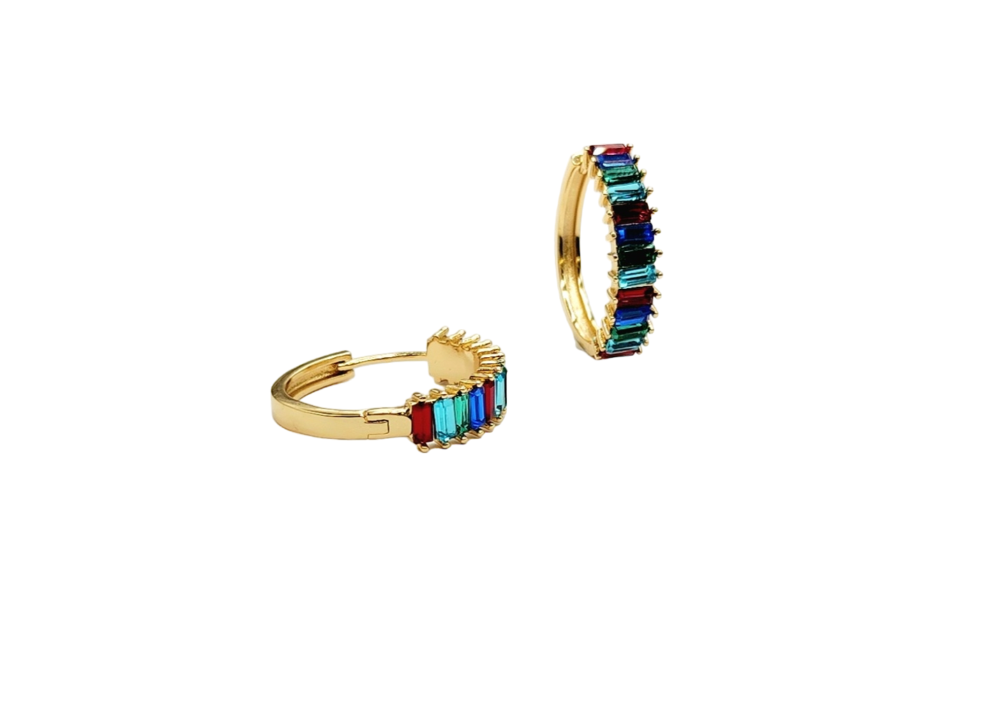 Gold with Multicolor Baguettes Hoop Pierced Earring