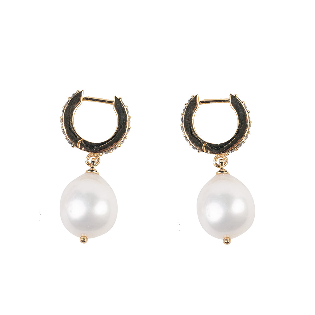 White Pearl Drop Hoop Earrings