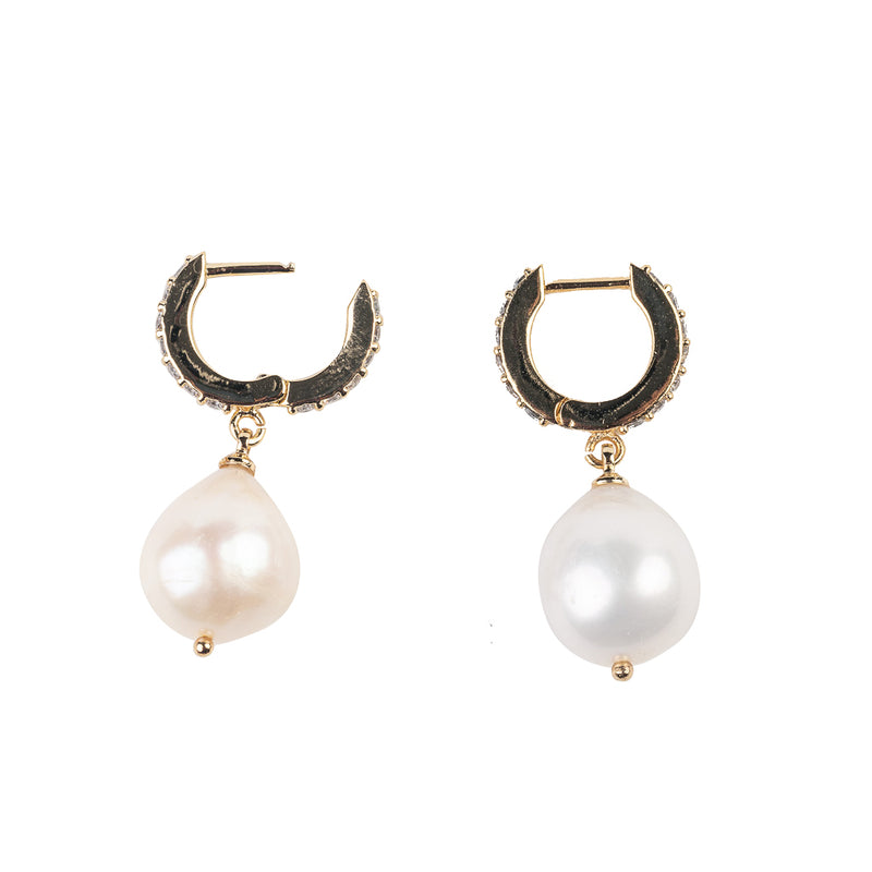 Gold and Rhinestone Hoop Earring with White Pearl Drop
