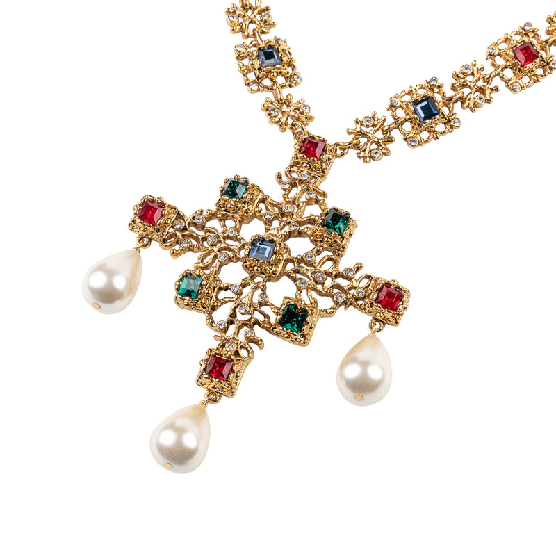 Antique Gold Multicolor Drop Pendant Necklace