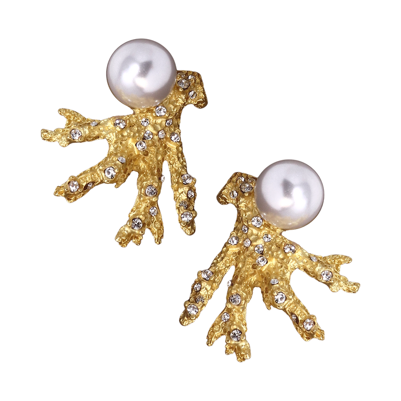 Satin Gold Branch & Pearl Earring