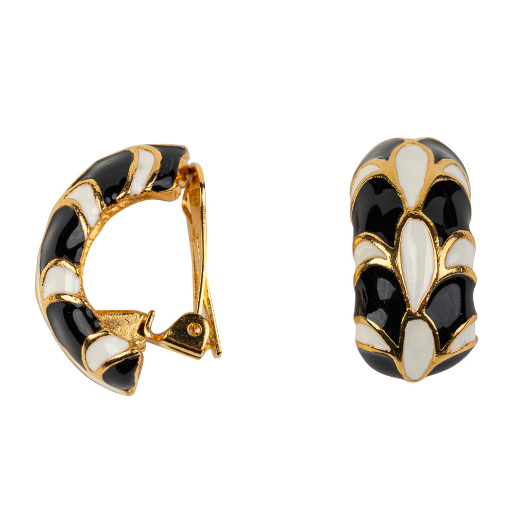 Black and White Enamel Small Hoop Clip Earrings