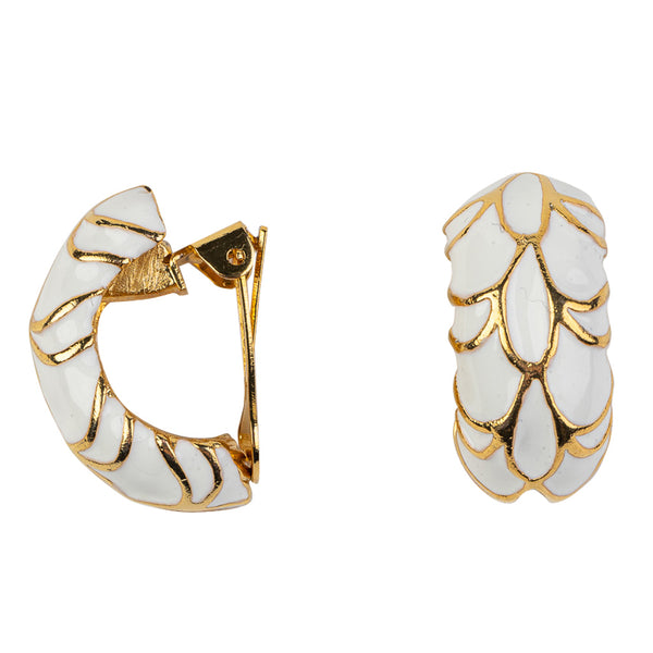 Gold with White Enamel Small Hoop Clip Earring