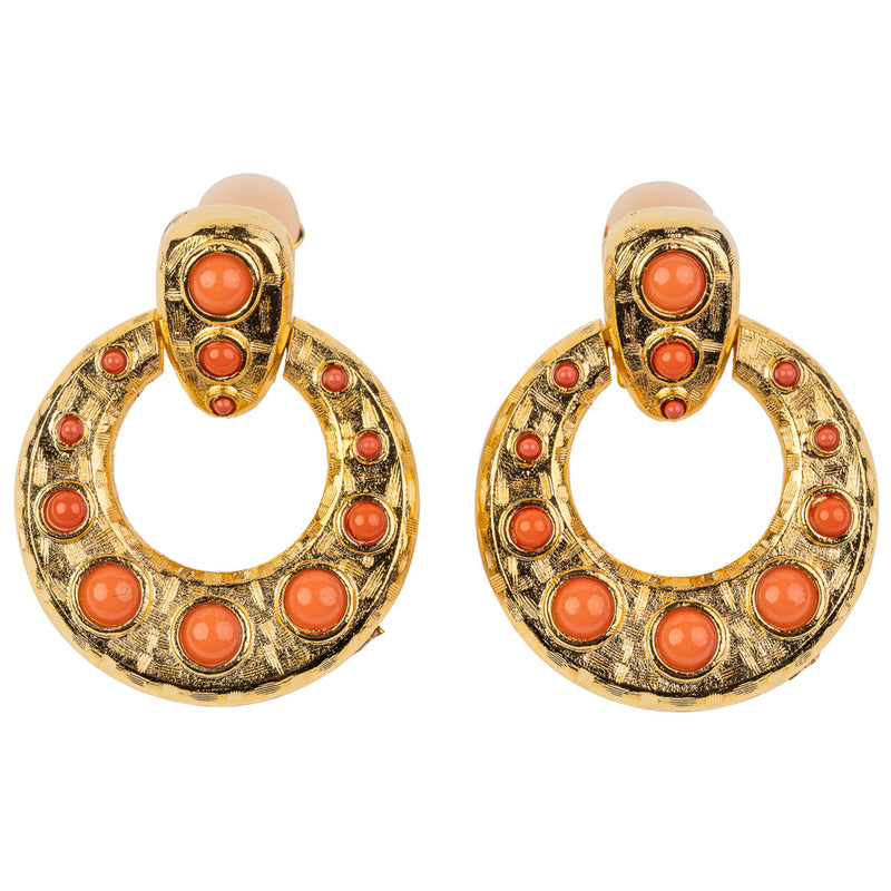 Gold Doorknocker Earring with Coral Cabochons