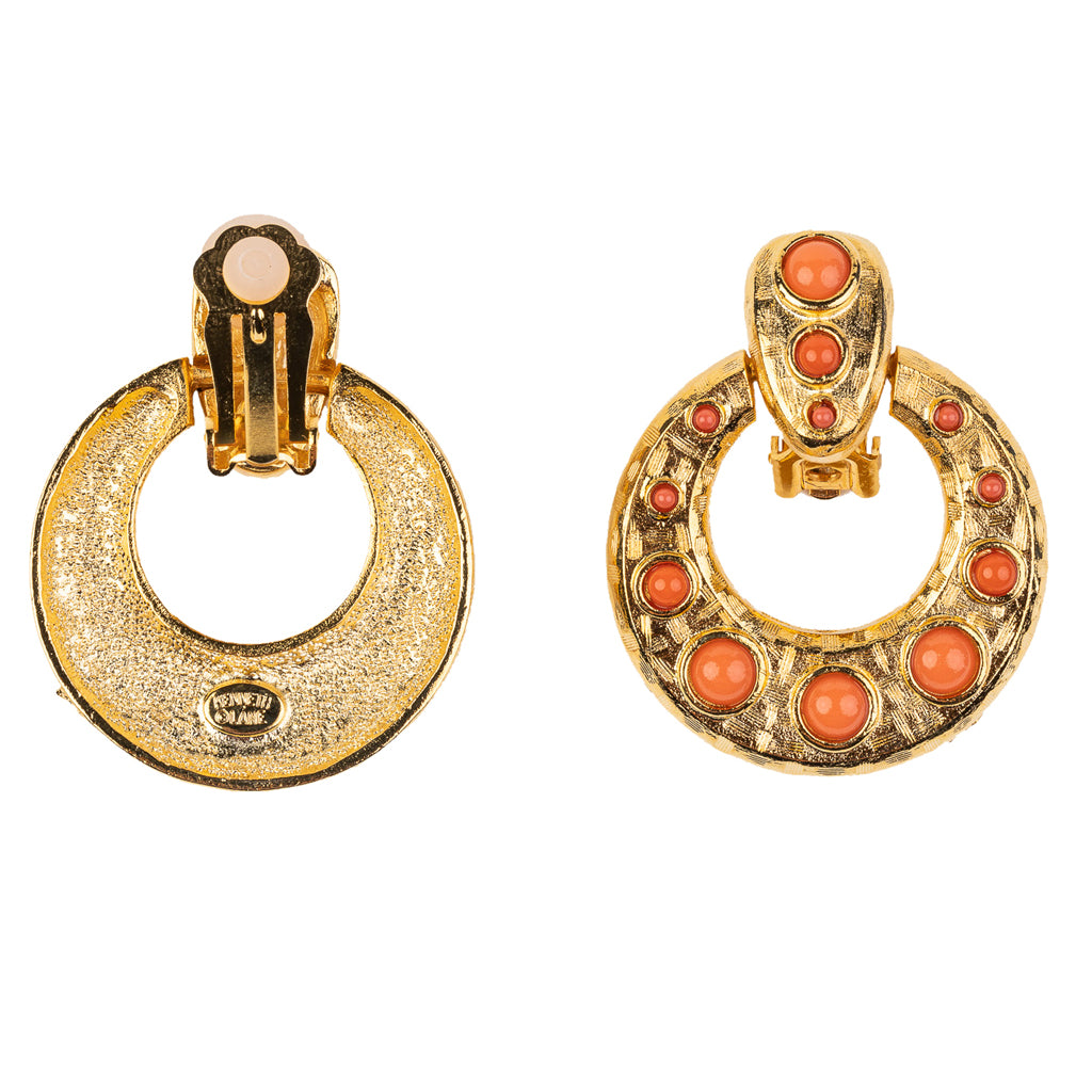 Gold Doorknocker Earring with Coral Cabochons