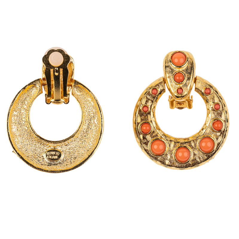 Gold Doorknocker Earring with Coral Cabochons