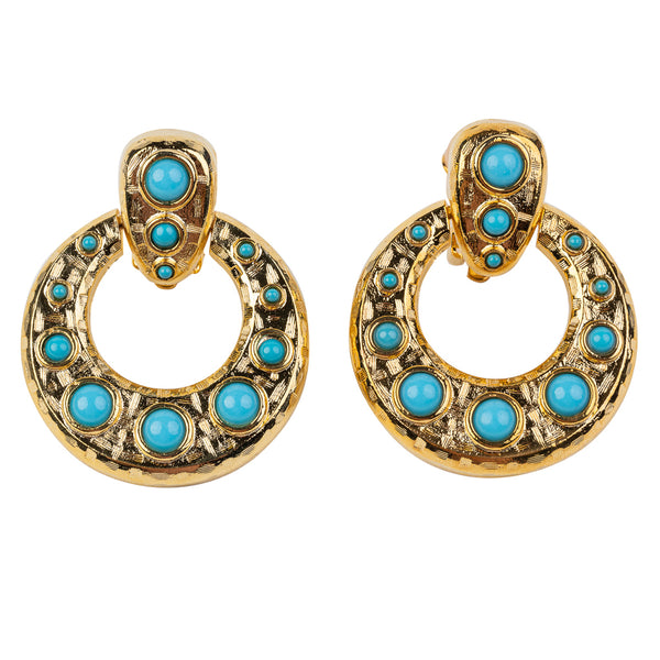 Gold Doorknocker Earring with Turquoise Cabochons