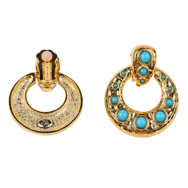 Gold Doorknocker Earring with Turquoise Cabochons