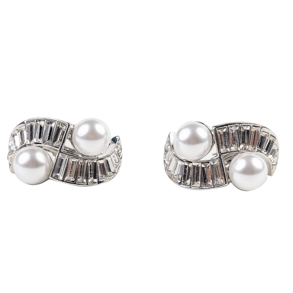 Silver and Crystal Pearl Baquette Stone Clip Earring