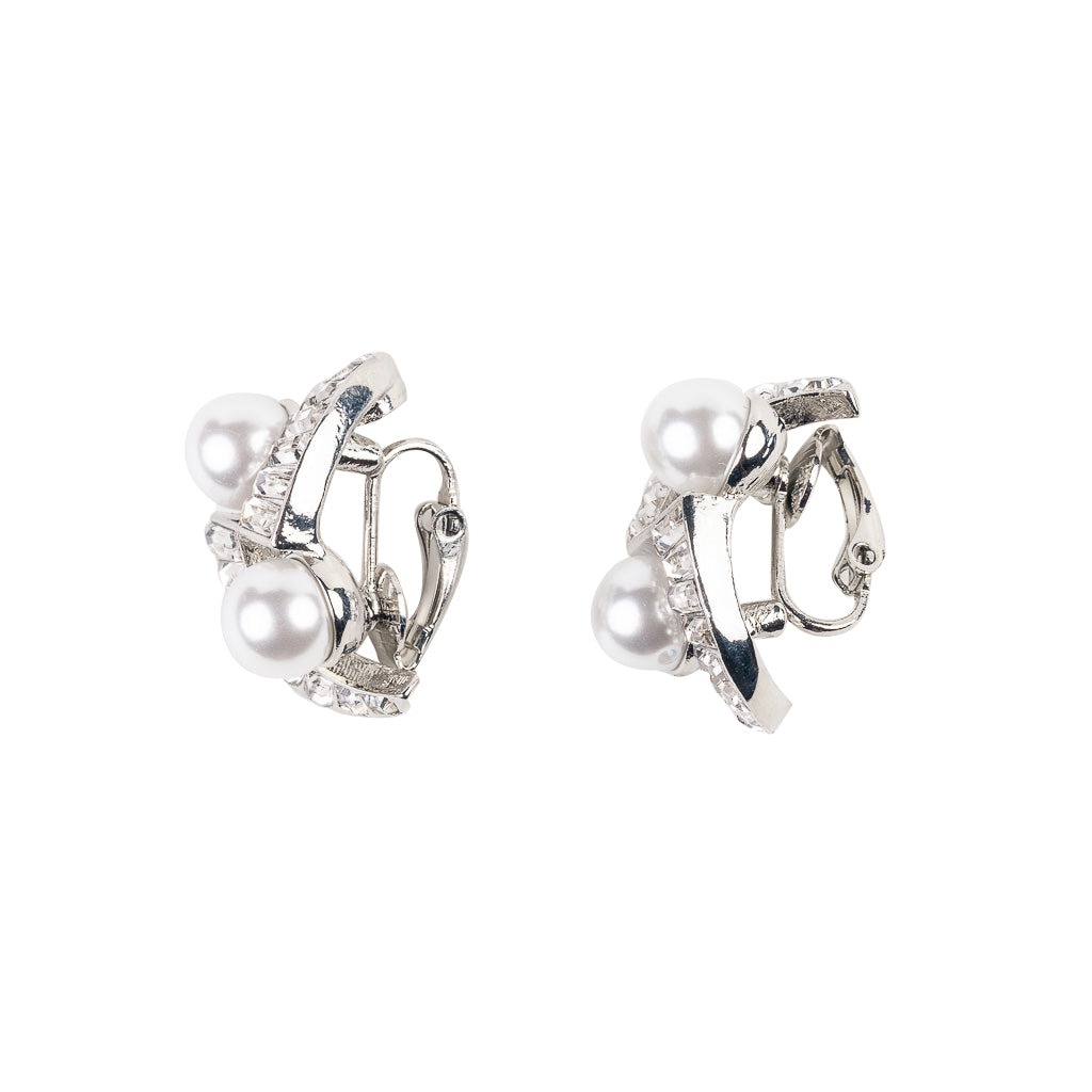 Silver and Crystal Pearl Baquette Stone Clip Earring