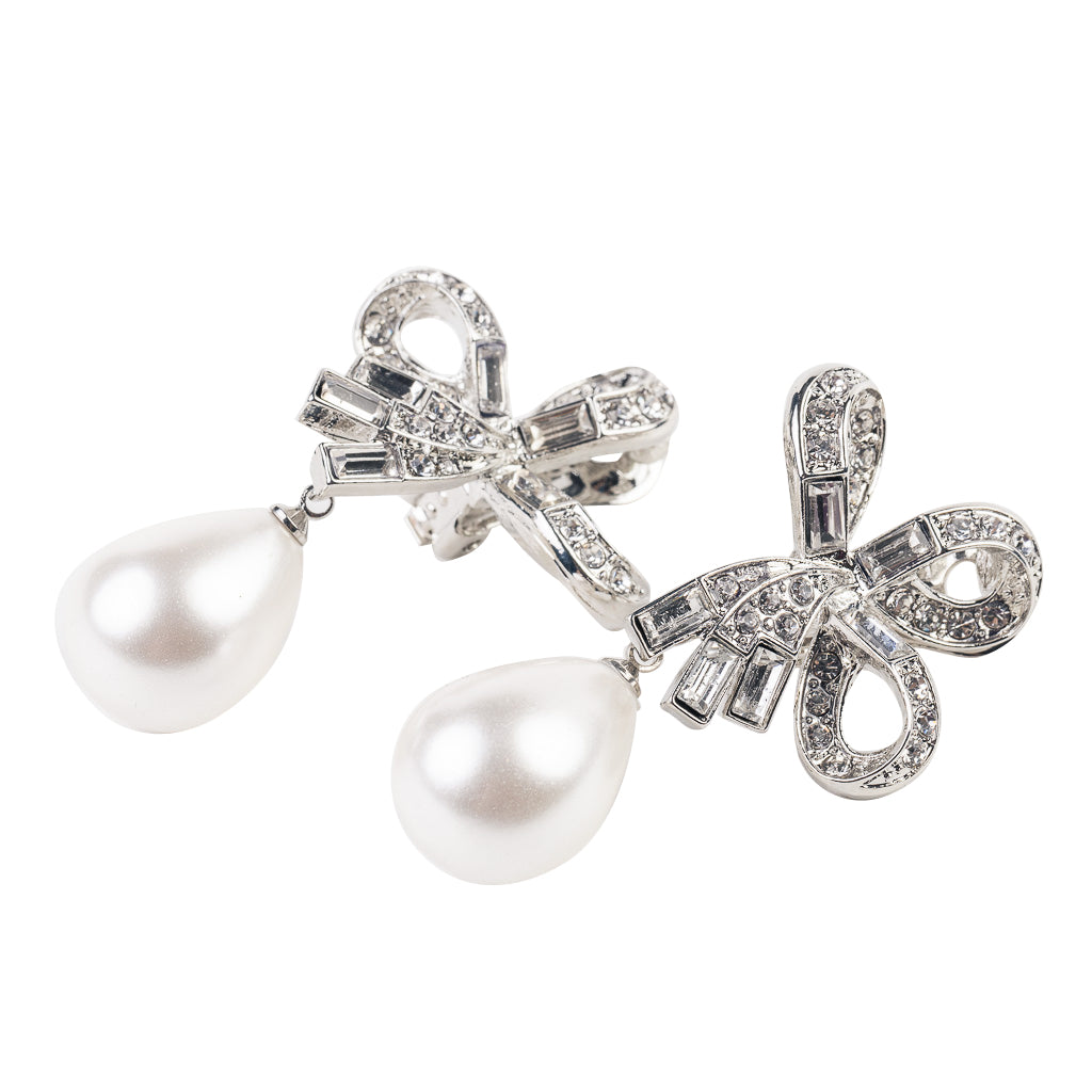 Crystal Bow Pearl Drop Clip Earrings