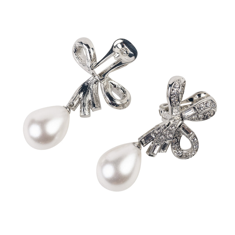 Crystal Bow Pearl Drop Clip Earrings