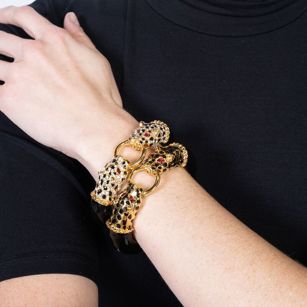 Gold with Black Spots Double Leopard Head Bracelet