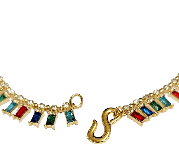 Gold with Multi Color Baguette "S" Hook Necklace