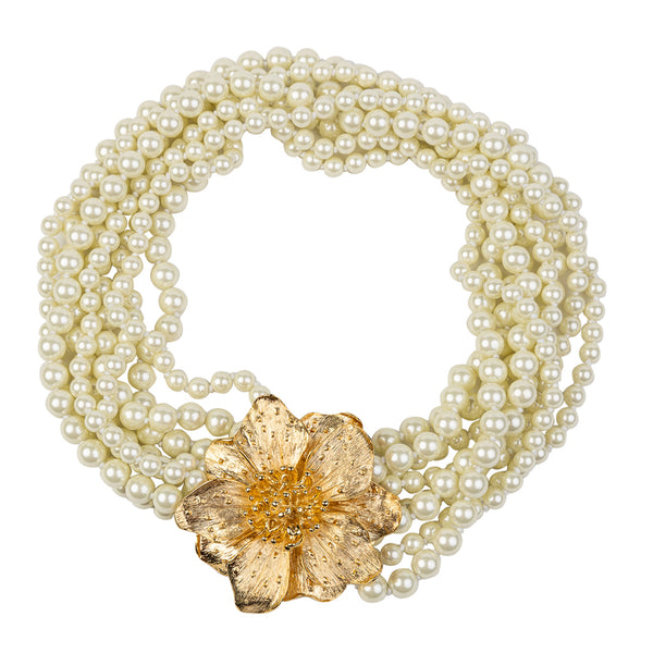 Eight Row Pearl Necklace with Satin Gold Magnolia Flower