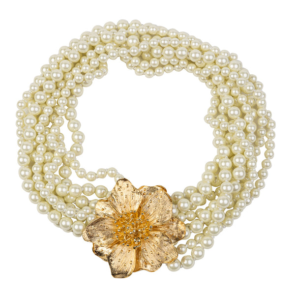 Eight Row Pearl Necklace with Satin Gold Magnolia Flower