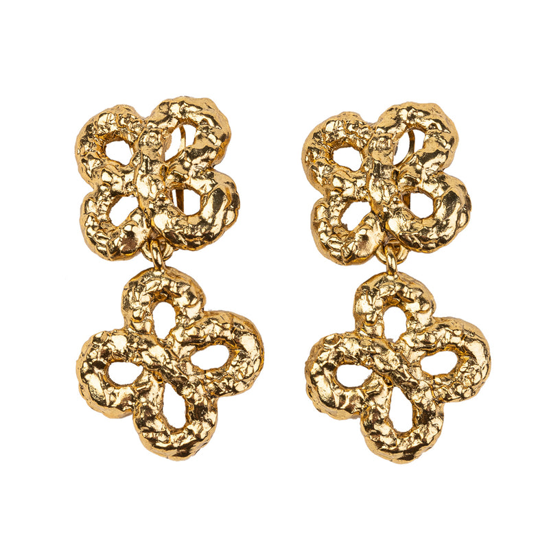 Gold Rippled Clover Cross Clip Earrings