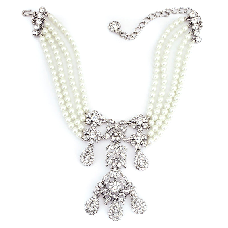 beautiful, antique four row pearl necklace with ornate drop