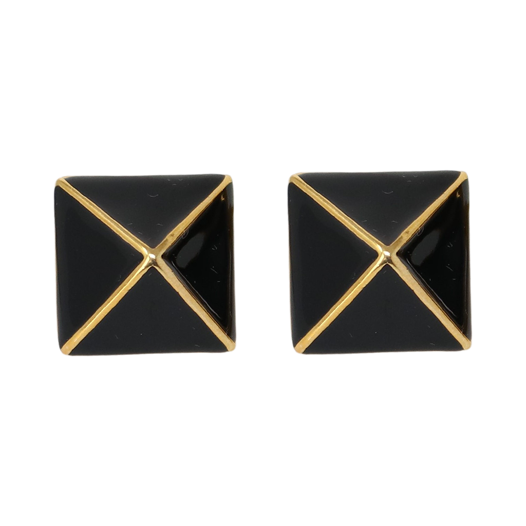 Polished Gold Black Pyramid Earrings Edgy and Modern Jewelry Kenneth Jay Lane Statement Earrings Sleek Polished Gold Pyramids Chic Black Accents Comfortable Post Earring Style Versatile Sophisticated Accessories Bold and Modern Earrings Gift for Fashion-forward Enthusiasts Polished Gold Pyramid Statement Earrings