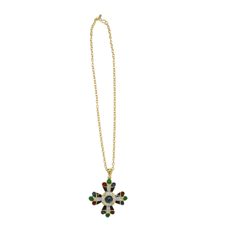 Black Enamel With Sapphire Cross Pendant Necklace