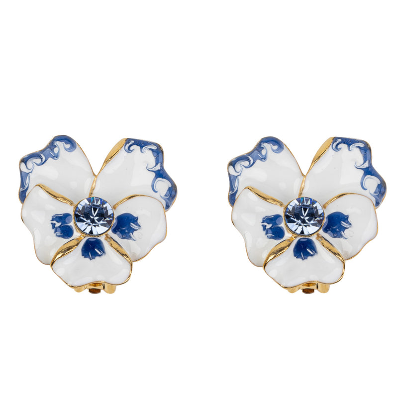 White and Blue Enamel Flower Clip Earring