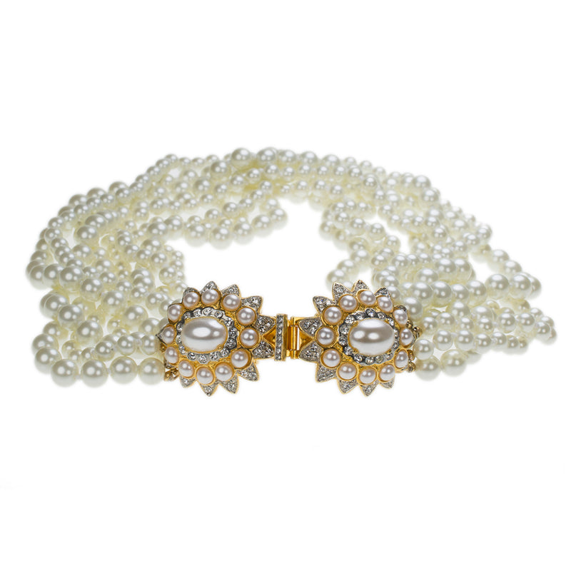 White Pearl Necklace with Flower Clasp