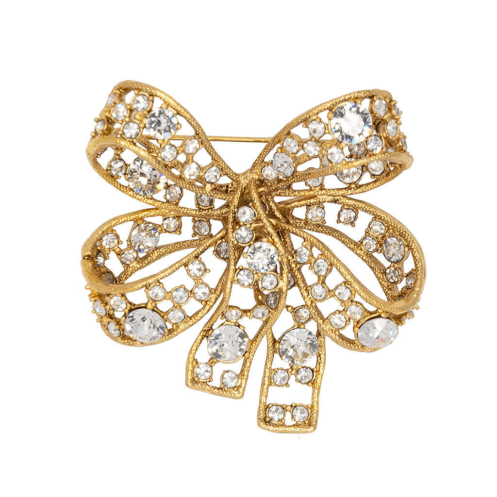 Antique Gold & Crystal Bow Pin