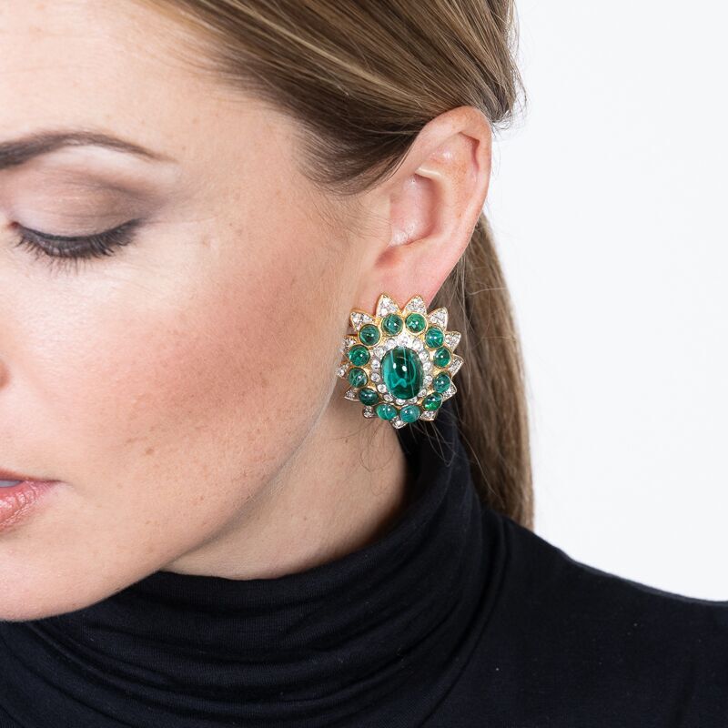 Flawed Emerald Cabochon Clip Earrings