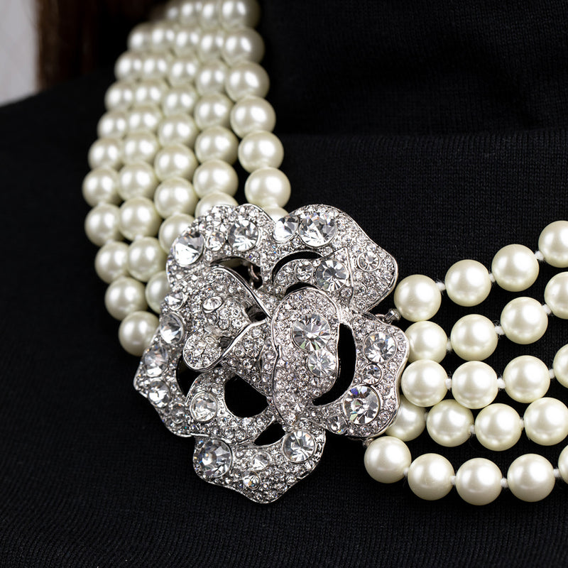 Cultured Pearl and Rhinestone Flower Clasp Necklace