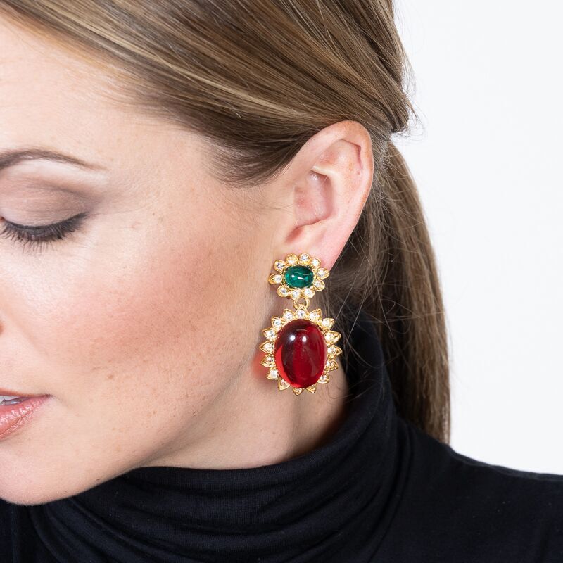 Emerald And Ruby Drop Clip Earrings