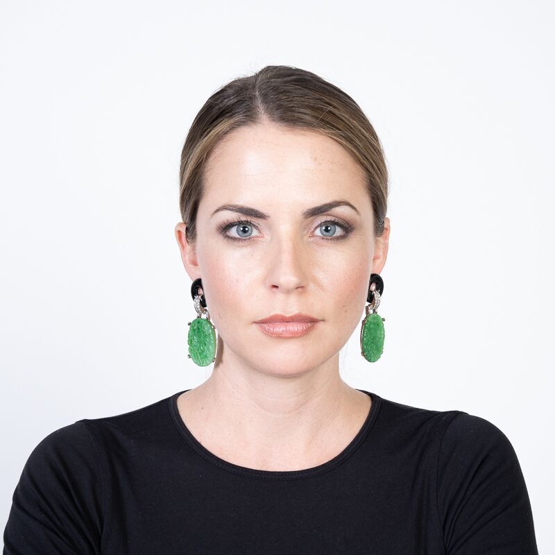 Carved Jade Drop Deco Clip Earrings