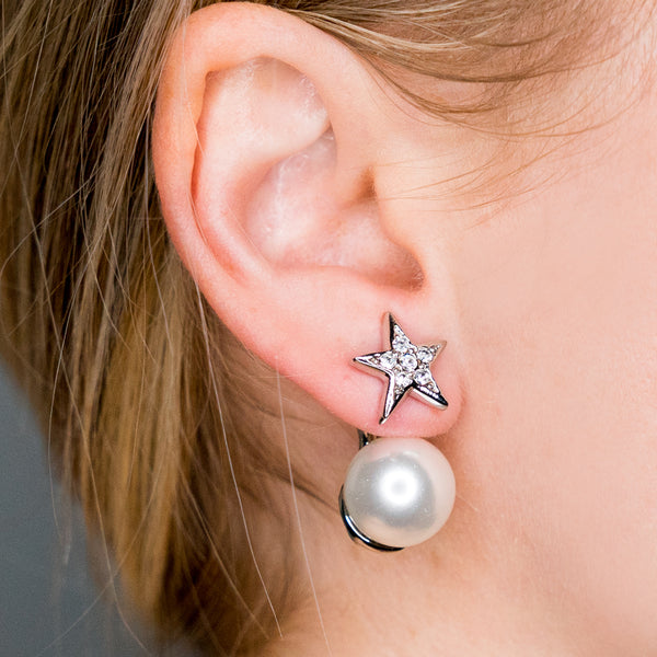 Silver Crystal Star Front 14MM White Pearl Pierced Earrings